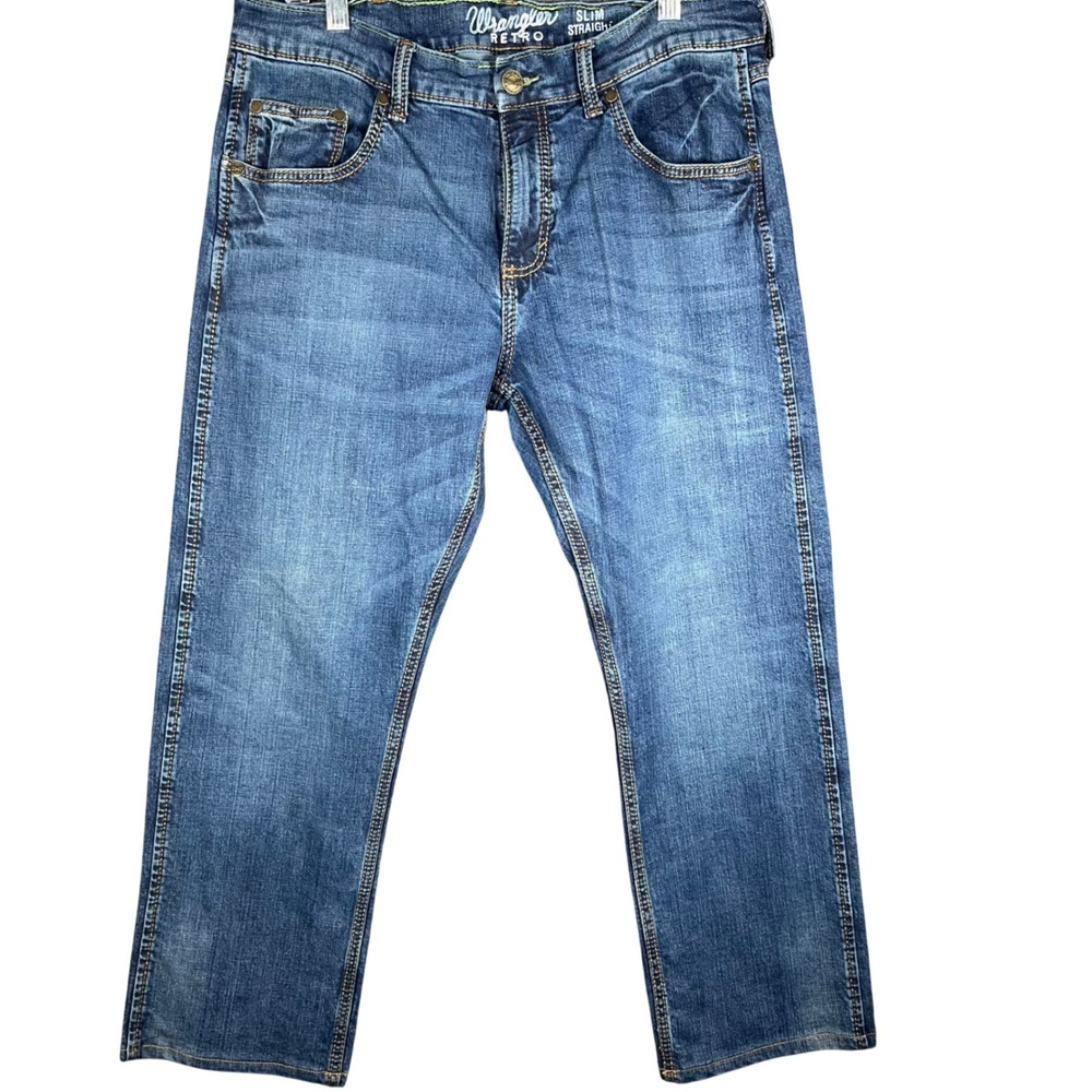 Wrangler Retro Slim Straight Jeans Mens 34 Blue Medium Wash Western Cowboy